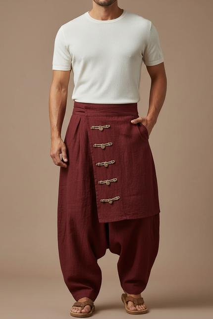 Pantalon Jupe Homme Lin Ample Rouge Ethnique Plissé - Bordeaux