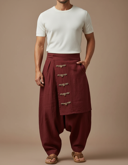 Pantalon Jupe Homme Lin Ample Rouge Ethnique Plissé - Bordeaux