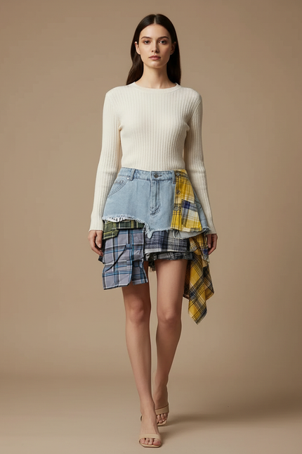 Pantalon Jupe Denim Plaid Asymétrique Déstructuré Mini Femme - Multicolore Jean