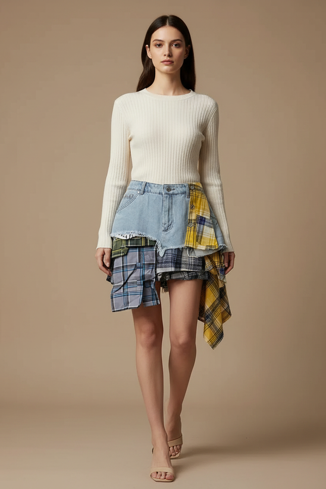 Pantalon Jupe Denim Plaid Asymétrique Déstructuré Mini Femme - Multicolore Jean