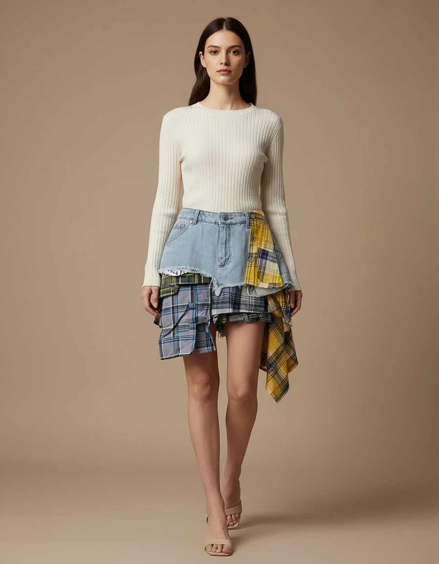 Pantalon Jupe Denim Plaid Asymétrique Déstructuré Mini Femme - Multicolore Jean