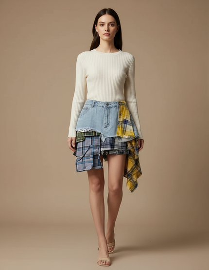 Pantalon Jupe Denim Plaid Asymétrique Déstructuré Mini Femme - Multicolore Jean