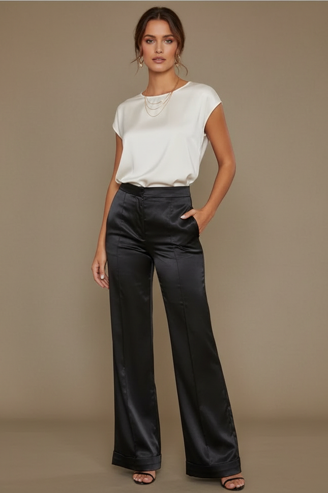 Pantalon Jupe Noir Satin Fluide Large Élégant