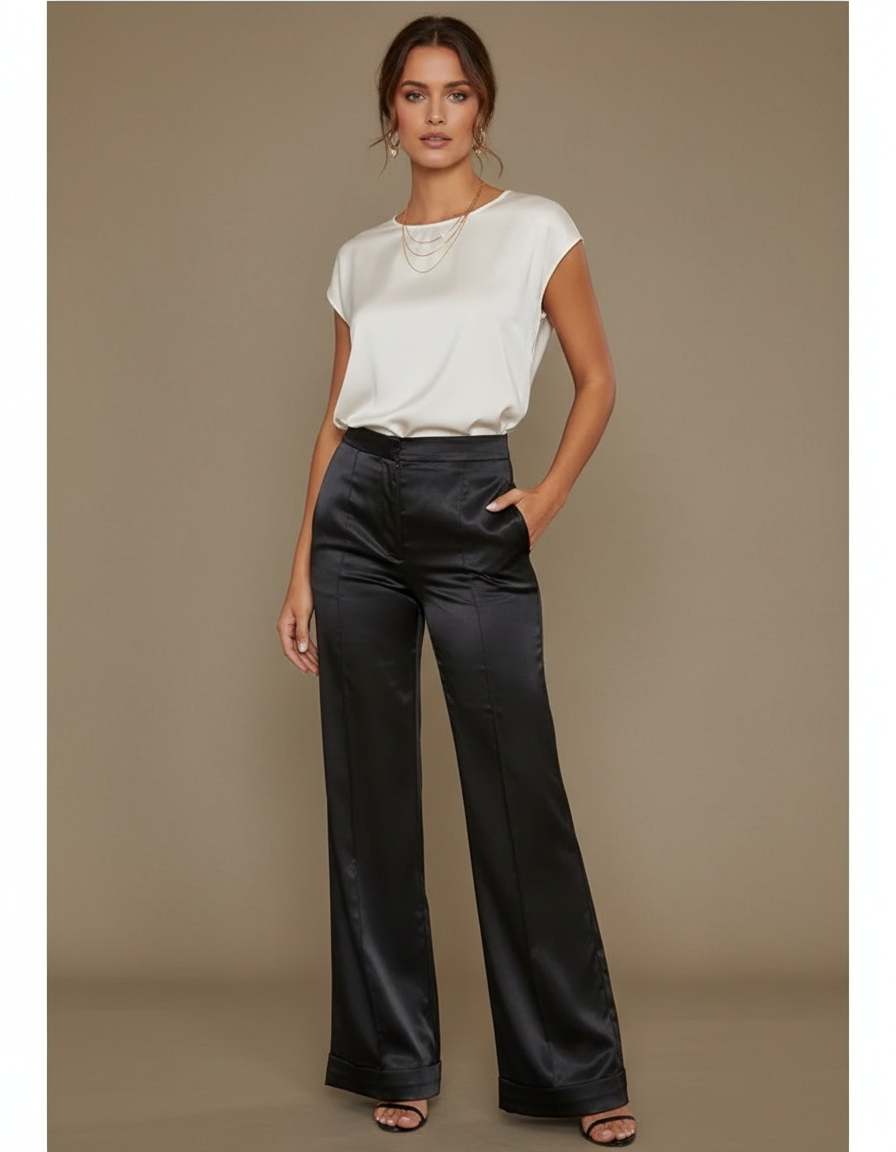 Pantalon Jupe Noir Satin Fluide Large Élégant