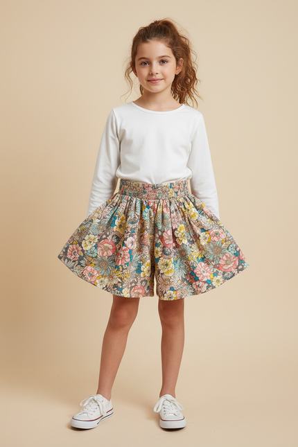 Pantalon Jupe Fleurs Évasé Plissé Confortable Fille - Multicolore Coton