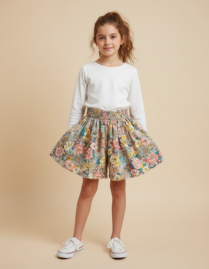 Pantalon Jupe Fleurs Évasé Plissé Confortable Fille - Multicolore Coton