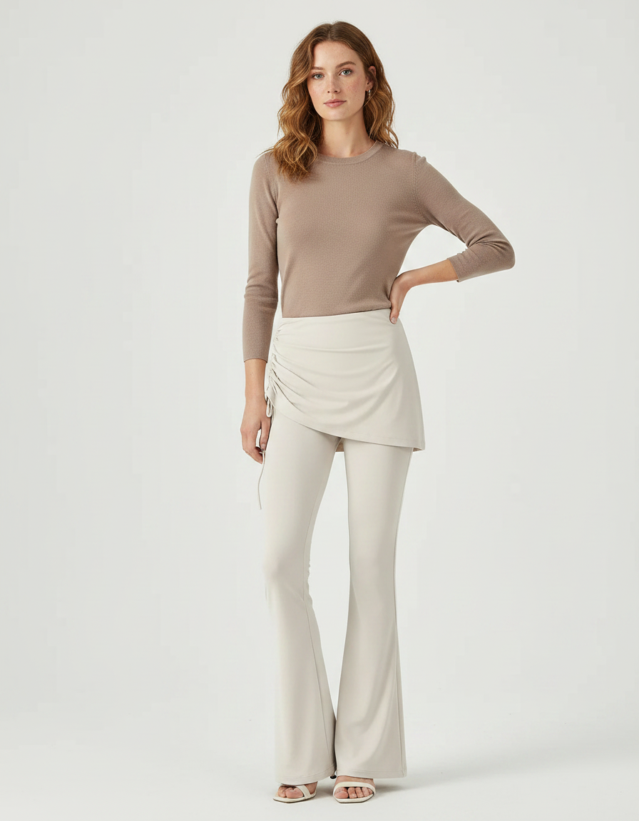 Pantalon Jupe Évasé Intégré Sportif Cordon Beige - Maille