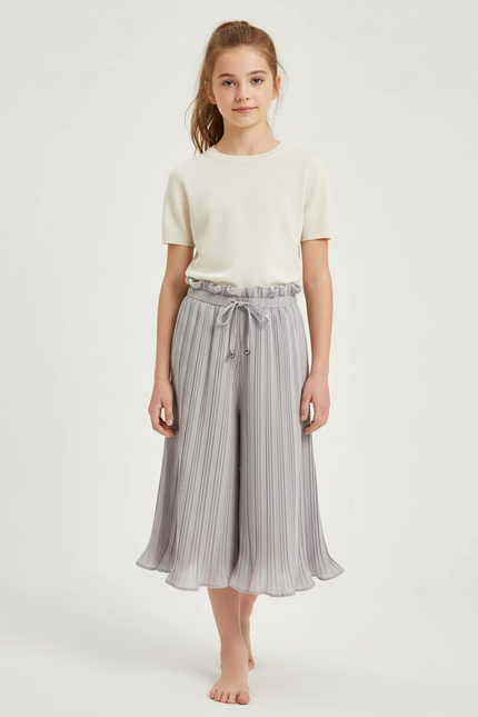 Pantalon Jupe Plissé Gris Ample Fille Décontracté - Polyester