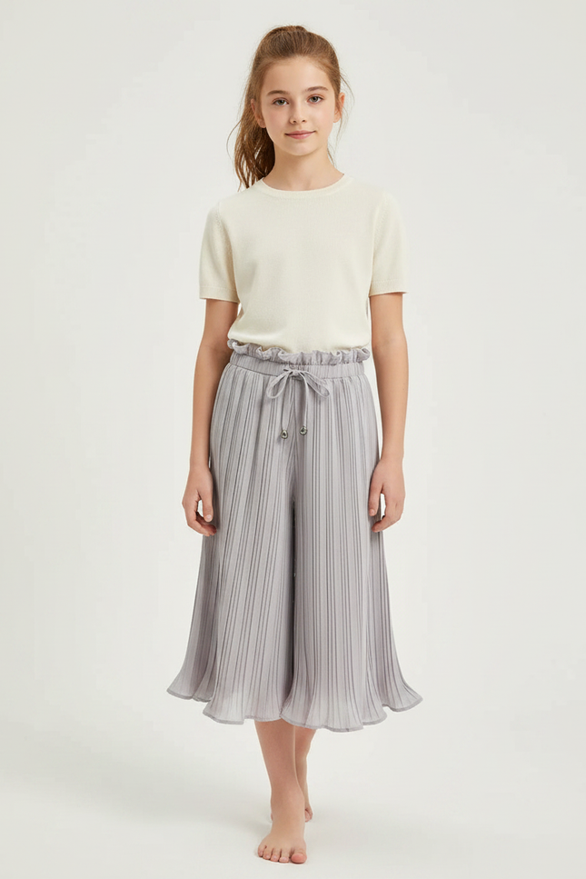 Pantalon Jupe Plissé Gris Ample Fille Décontracté - Polyester