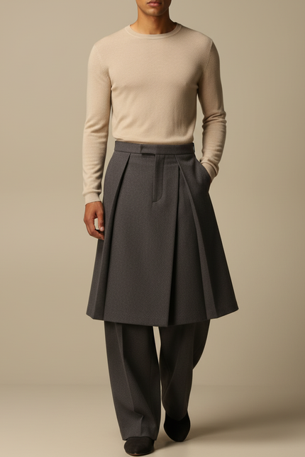 Pantalon Jupe Gris Plissé Ample Superposé Élégant - Laine