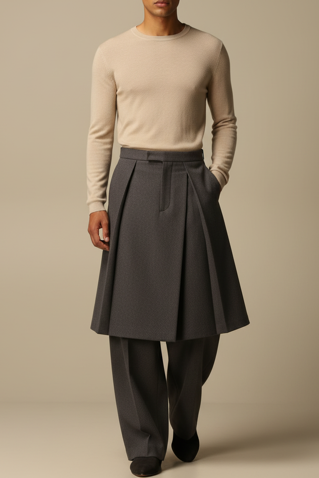Pantalon Jupe Gris Plissé Ample Superposé Élégant - Laine