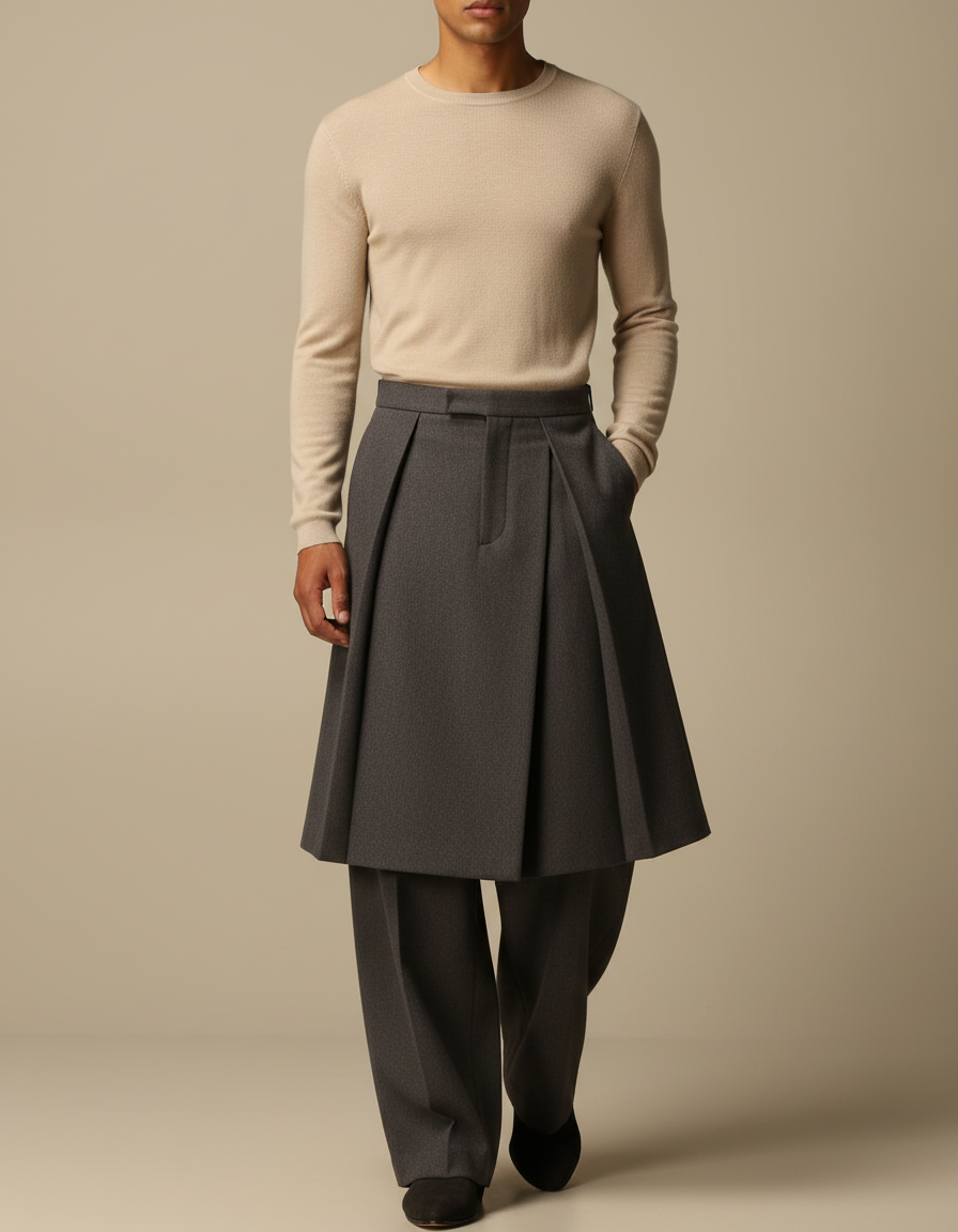 Pantalon Jupe Gris Plissé Ample Superposé Élégant - Laine
