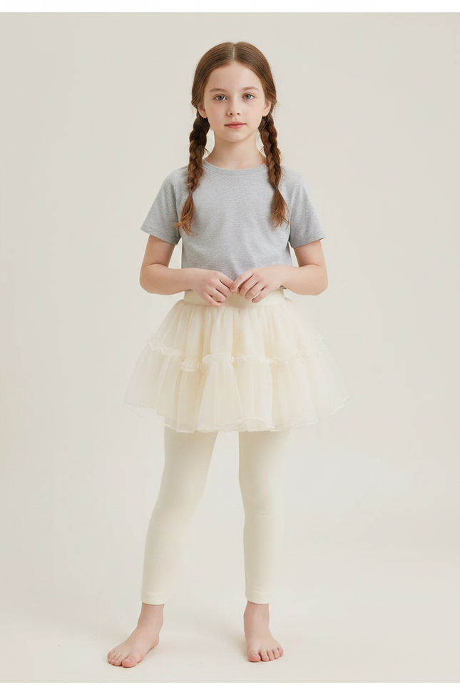 Pantalon Jupe Crème Tulle Intégré Confortable Fille - Beige Coton