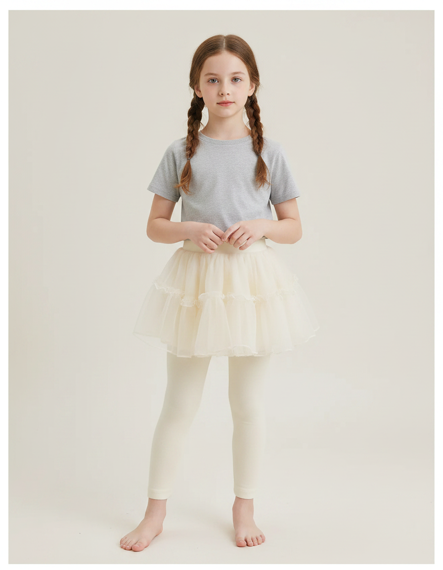 Pantalon Jupe Crème Tulle Intégré Confortable Fille - Beige Coton