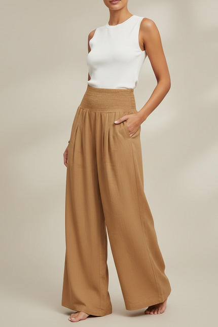 Pantalon Jupe Marron Ample Fluide Smocké Décontracté - Lin