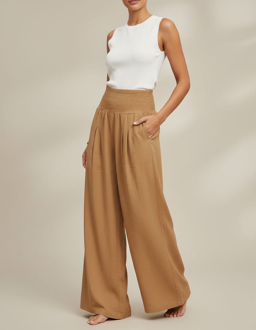 Pantalon Jupe Marron Ample Fluide Smocké Décontracté - Lin
