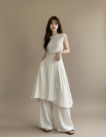Pantalon Jupe Beige Lin Ample Superposé Élégant Femme