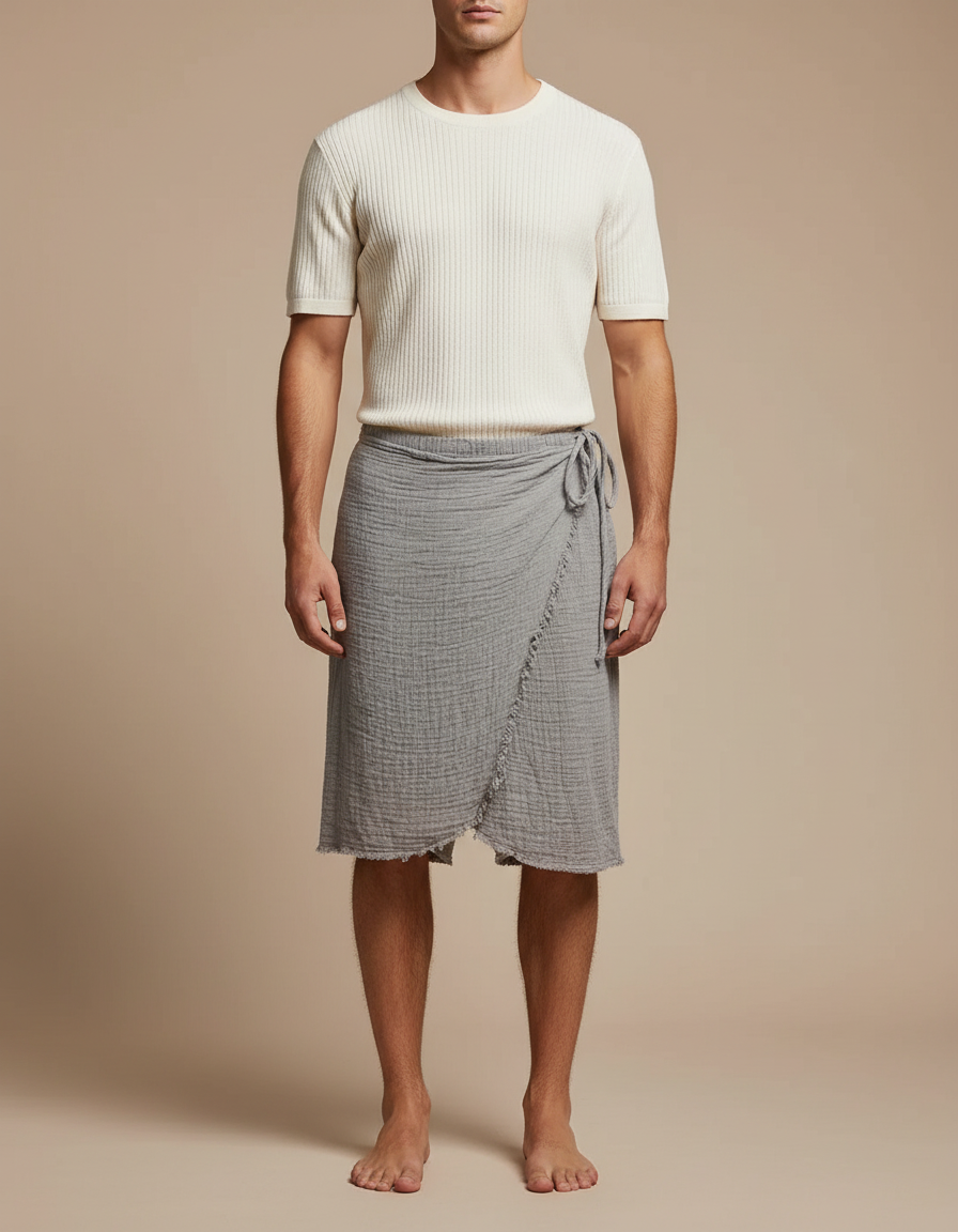 Pantalon Jupe Gris Lin Drapé Irrégulier Homme