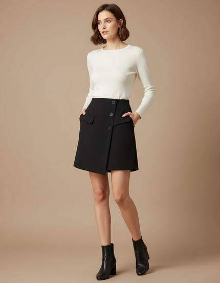 Pantalon Jupe Noir Asymétrique Élégant Boutons Chic - Gabardine