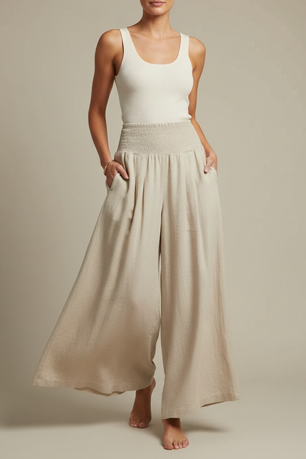 Pantalon Jupe Beige Lin Ample Smocké Décontracté