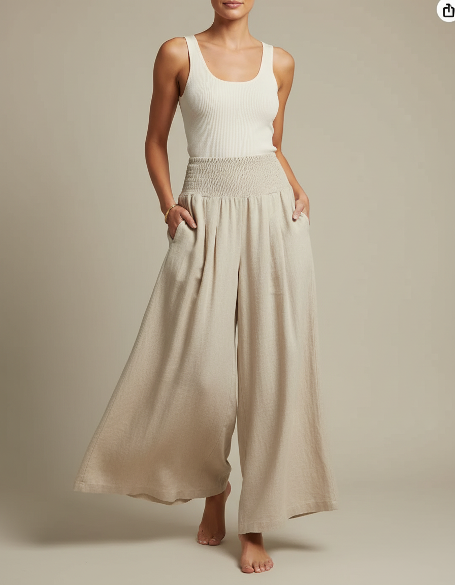 Pantalon Jupe Beige Lin Ample Smocké Décontracté