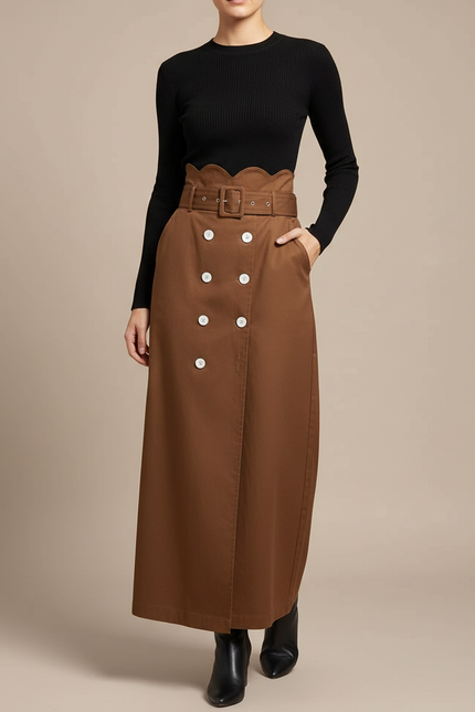 Pantalon Jupe Marron Boutons Ceinture Longue Élégante - Gabardine
