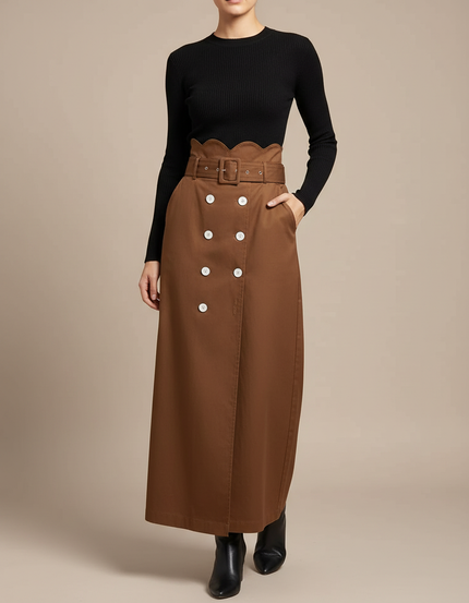 Pantalon Jupe Marron Boutons Ceinture Longue Élégante - Gabardine