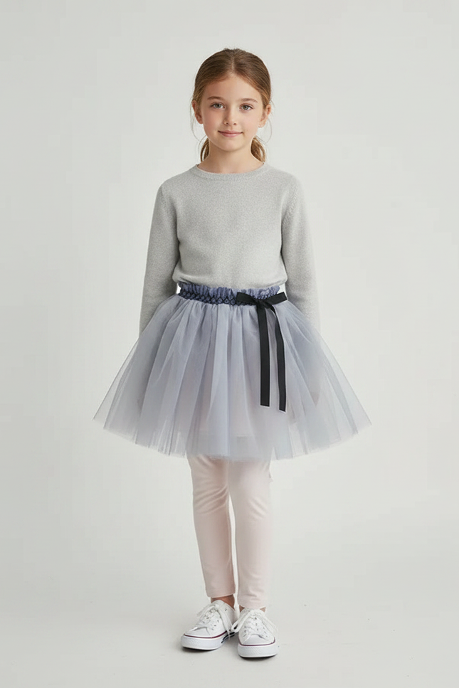 Pantalon Jupe Gris Tulle Rose Fille Doux - Coton
