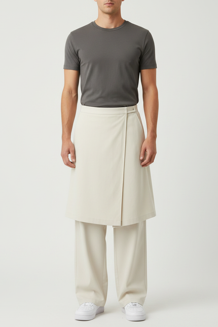 Pantalon Jupe Beige Droit Superposé Coton Homme