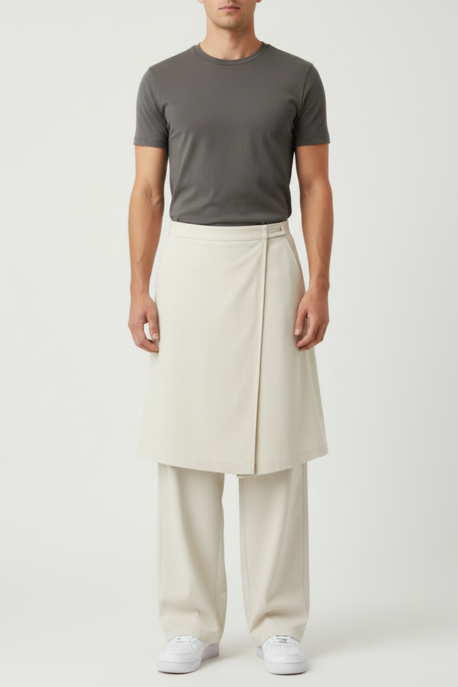 Pantalon Jupe Beige Droit Superposé Coton Homme