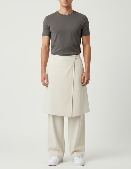 Pantalon Jupe Beige Droit Superposé Coton Homme