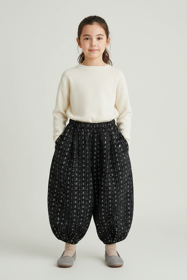 Pantalon Jupe Noir Imprimé Floral Ample Hiver Chaud - Tweed
