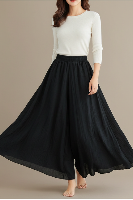 Pantalon Jupe Noir Ample Fluide Coton Lin Femme