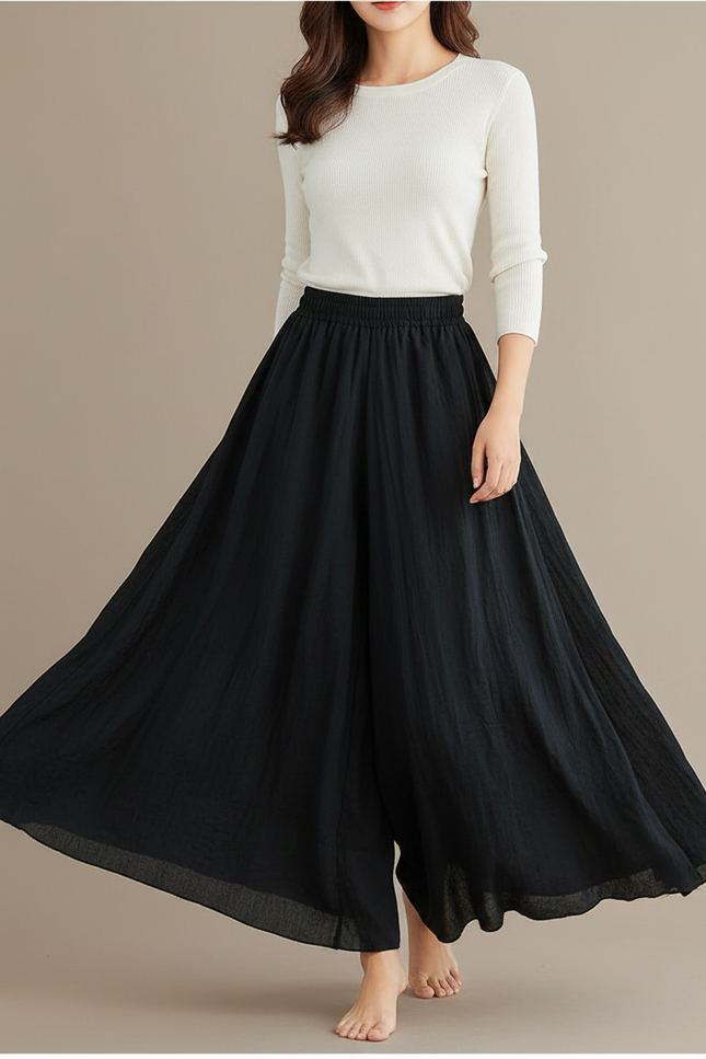 Pantalon Jupe Noir Ample Fluide Coton Lin Femme