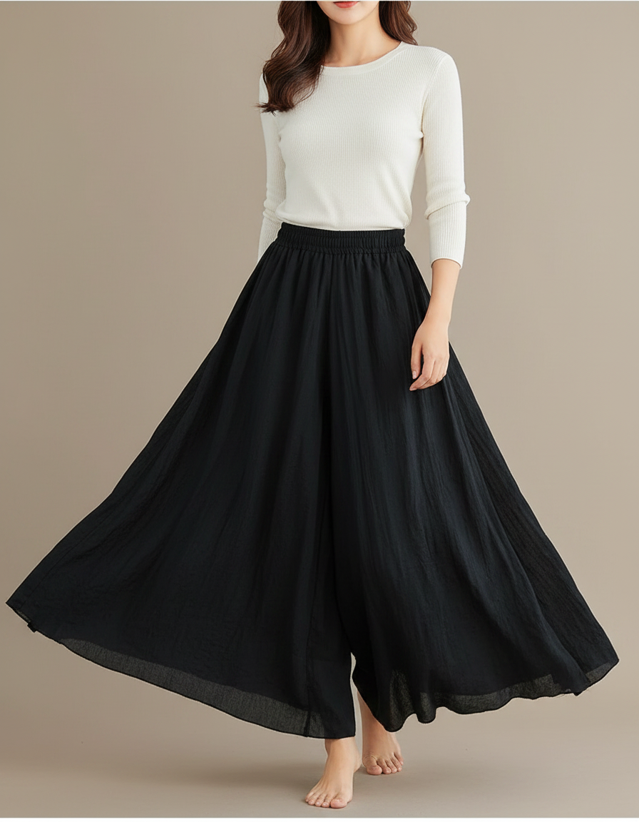 Pantalon Jupe Noir Ample Fluide Coton Lin Femme