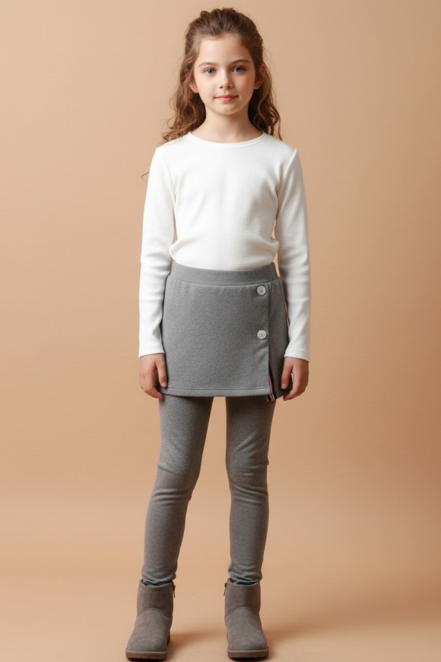 Pantalon Jupe Gris Superposé Boutons Confortable Fille - Molleton