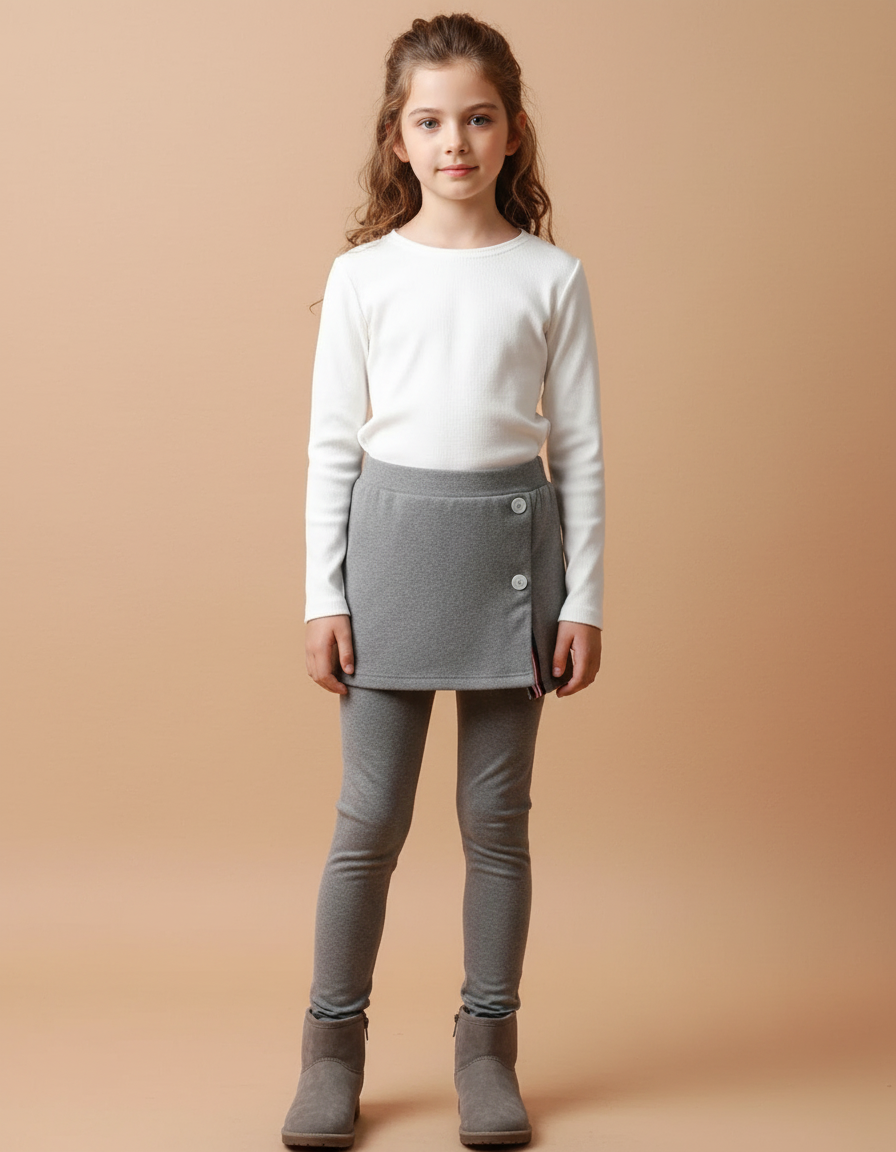 Pantalon Jupe Gris Superposé Boutons Confortable Fille - Molleton