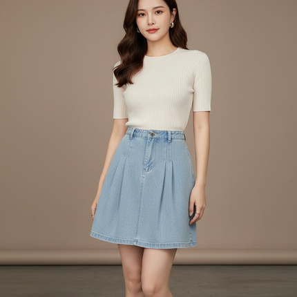 Pantalon Jupe Denim Plissée Élastique A-line Courte - Bleu Jean