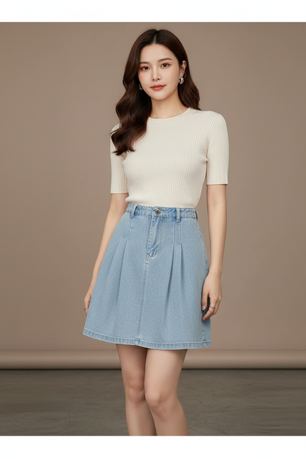 Pantalon Jupe Denim Plissée Élastique A-line Courte - Bleu Jean