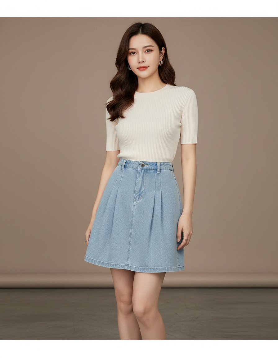 Pantalon Jupe Denim Plissée Élastique A-line Courte - Bleu Jean