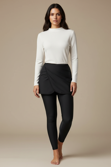 Pantalon Jupe Noir Uni Crossover Confortable Femme - Polyester