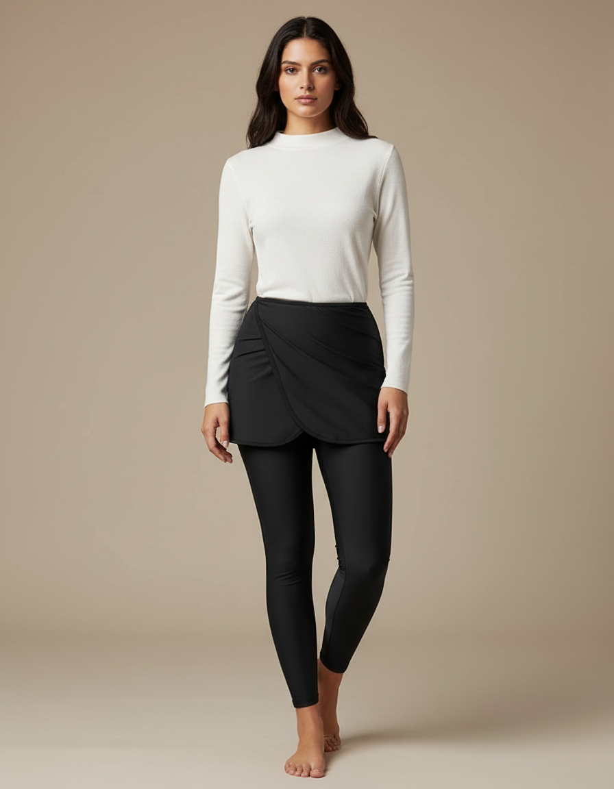 Pantalon Jupe Noir Uni Crossover Confortable Femme - Polyester