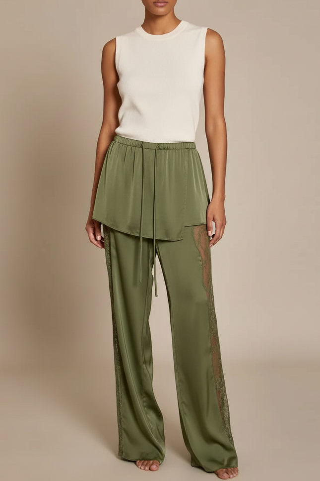 Pantalon Jupe Vert Satin Dentelle Ample Fluide Élégant - Kaki
