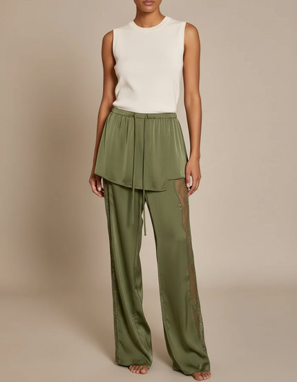Pantalon Jupe Vert Satin Dentelle Ample Fluide Élégant - Kaki