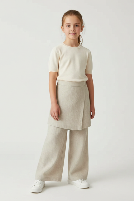 Pantalon Jupe Beige Lin Ample Superposé Fille