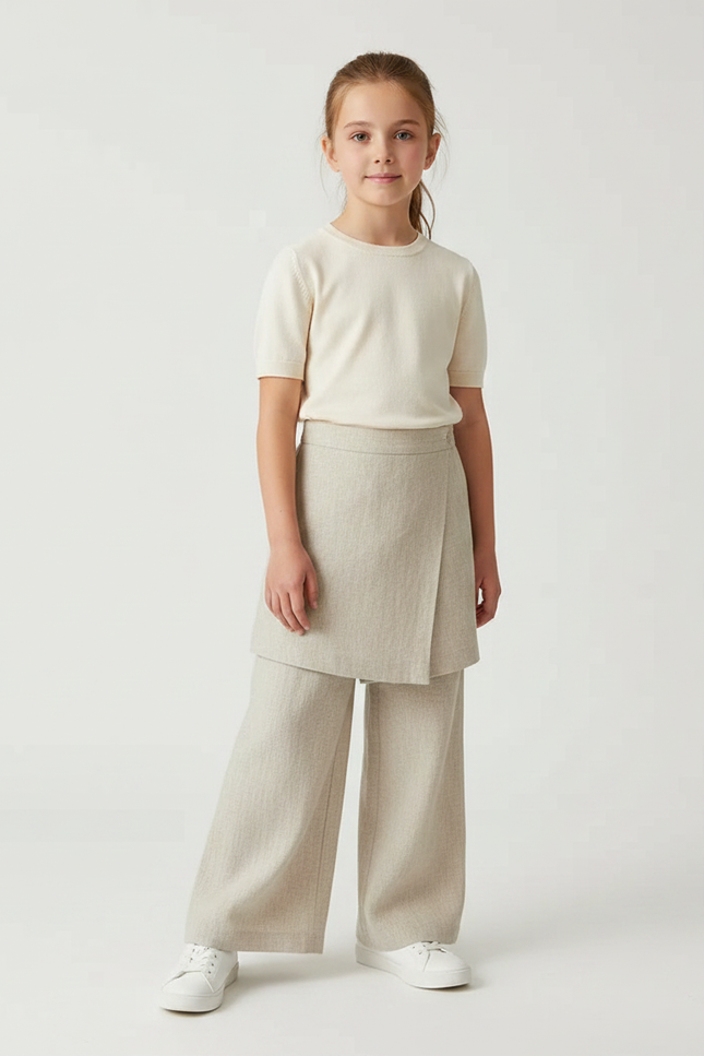 Pantalon Jupe Beige Lin Ample Superposé Fille