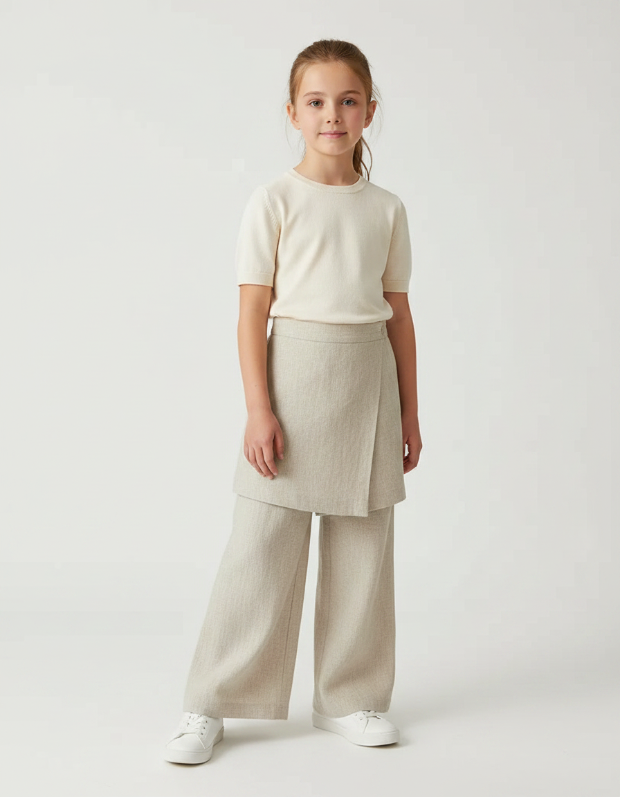 Pantalon Jupe Beige Lin Ample Superposé Fille