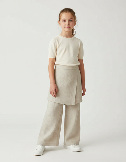 Pantalon Jupe Beige Lin Ample Superposé Fille
