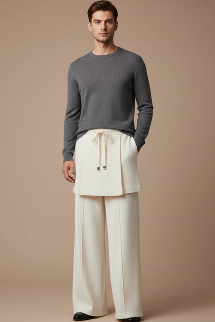 Pantalon Jupe Crème Laine Ample Superposé Élégant - Beige