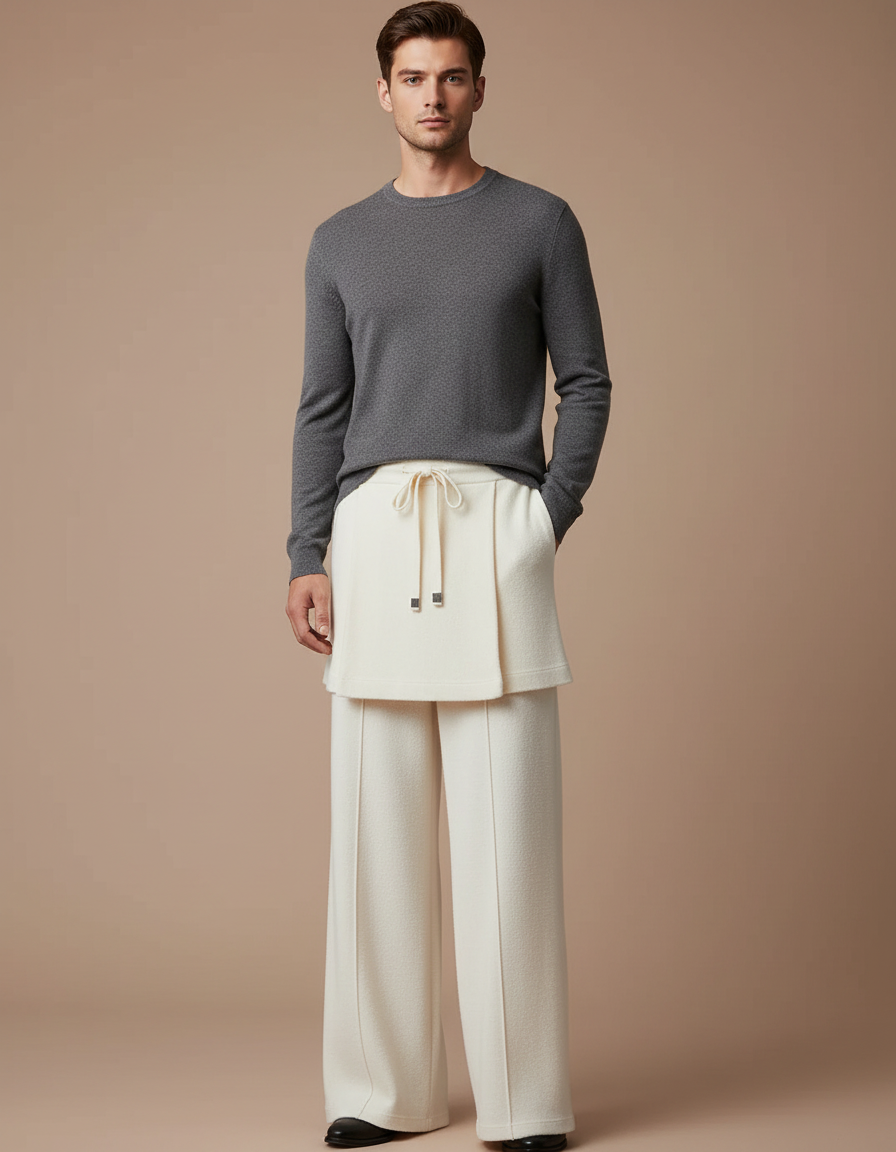 Pantalon Jupe Crème Laine Ample Superposé Élégant - Beige